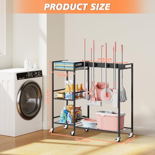 Broom and Mop Holder, MUNNAR Broom Closet Storage Cabinet with Cleaning Supplies Organizer, 2-in-1 Broom Mop and Cleaning Supplies Storage Cleaning Cart, Cleaning Cart with Wheels for Housekeeping - size: 37.4" x 13" x 34.2"