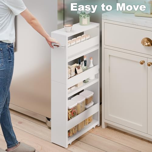 MARTY Slim Rolling Storage Cart, Wood Utility Kitchen Bathroom Laundry Cart - color: All White, size: 5.51"D x 15.75"W x 31.5"H