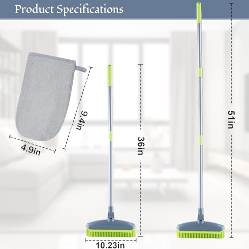 180°Rotating Head Rubber Broom with Squeegee for Pet Hair Removal - 51" Iron Handle Fur Remover Rake Brush for Carpet, Hardwood & Tile Floors, Includes Pet Hair Removal Gloves (Green) - color: Green