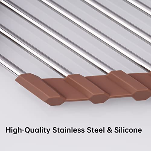 Tomorotec Triangle Roll-Up Dish Drying Rack for Sink Corner Small Foldable Stainless Steel Over The Sink Multipurpose Kitchen Drainer Caddy Trivet Rustproof Storage Shelf (Chocolate Brown) - color: Brown