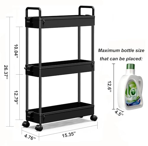 SOLEJAZZ Slim Rolling Storage Cart Skinny Bathroom Organizer, 3 Tier, Black - color: Black, size: 3-Tier, 4.76"D