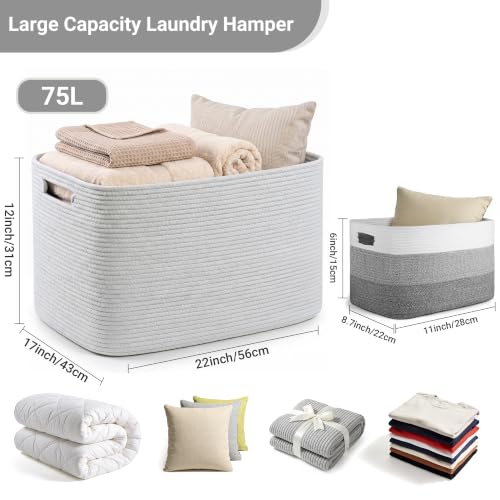 Large Laundry Basket/Hamper, 22"x17"x12", Light Grey Basket - color: Light Grey, size: 75L