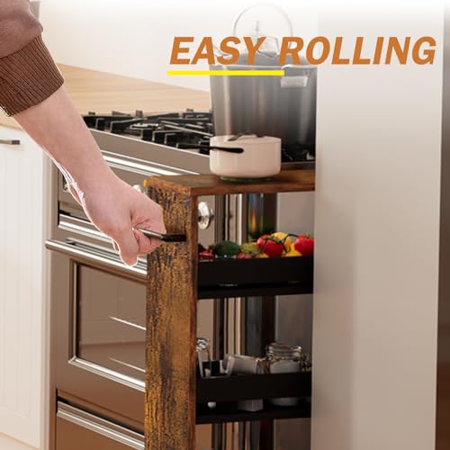 TEAMIX Slim Rolling Storage Cart, Wood 4-Tier Narrow Kitchen/Laundry Cart - color: Brown+black, size: 5-1/2'' W