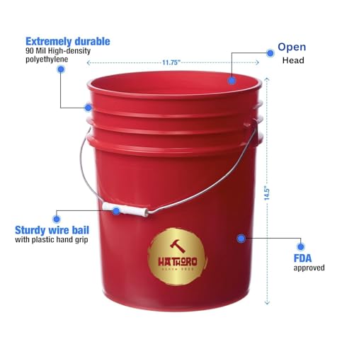 5 Gallon Food Grade Plastic Bucket, Open Head Pail with Handle, 12-3/8 in Diameter x 14-3/4 in Height (Red, 1 Pack) - color: Red, size: 1 Pack