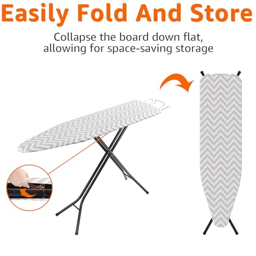 Amazon Basics Height Adjustable Full-Size Foldable Ironing Board, 4-Leg Fold-Up, Chevron Removable Cover, 60" x 14" x 38"