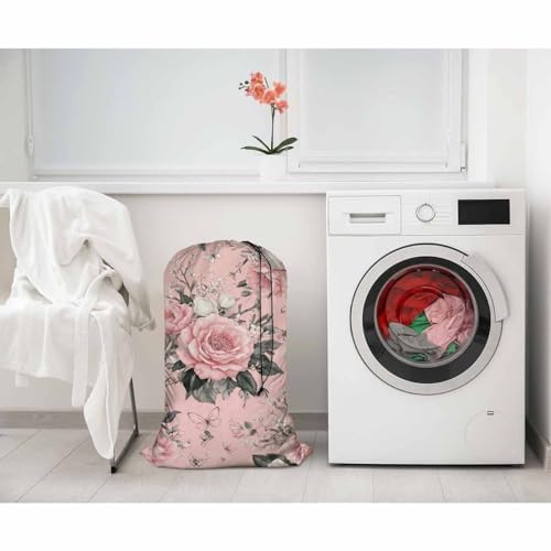 Swono Watercolor Flowers Extra Large Laundry Bag with Drawstring Closure 28"x40", Floral Peonies Rose Leaves Petal Romantic for Home, Dorm and Apartment Dwellers, Pink - color: Watercolor Flowers