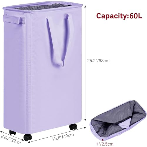 efluky Slim Laundry Hamper with Wheels, Rolling Laundry Basket for Clothes, Small Laundry Basket for Bedroom, Dorm and Laundry Room, 60L (12.7 Gallons) Purple - color: Purple, size: 60L