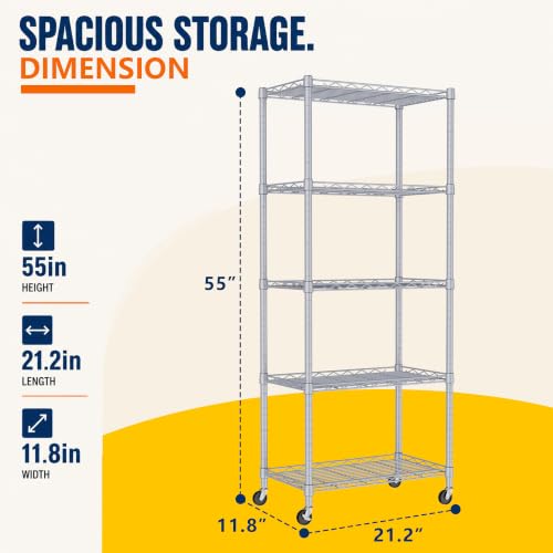 REGILLER 5-Wire Shelving Metal Storage Rack Adjustable Shelves,Standing Storage Shelf Units for Laundry Bathroom Kitchen Pantry Closet(Silver,11.8" D x 21.2" W x 55" H,With Wheels) - color: Silver, size: With Wheels 5tier 11.8"D x 21.2"W x 53.5"H