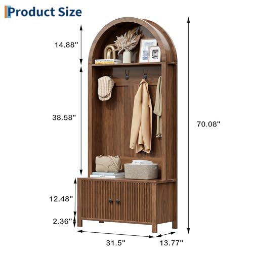Hall Tree with Bench and Shoe Storage, Entryway Storage Bench with Coat Rack, 70.08" Tall Mudroom Rack with 4 Double Hooks and and 2 Fluted Doors, hall tree with storage for Hallway, Walnut - color: Walnut Oak