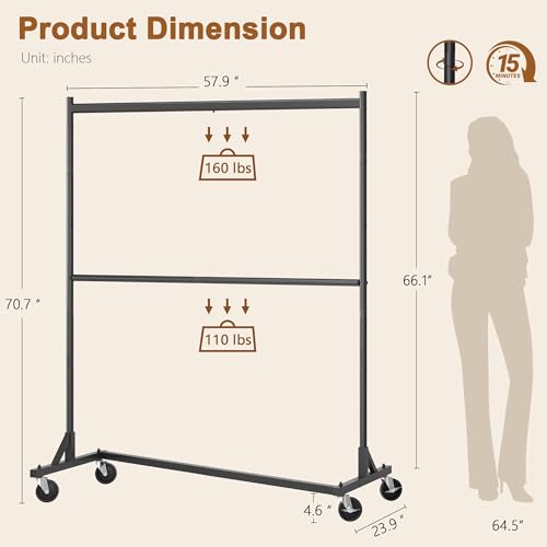 Hoctieon Double Rod Z Rack, Rolling Clothes Racks with Z-Base, Adjustable Clothing Rack, Standing Clothes Rack, Metal Clothing Racks for Hanging Clothes, Portable Garment Rack, Black - color: Black (1 Pack)