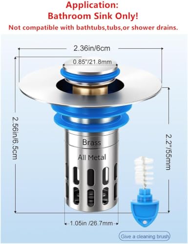 (All Metal) Bathroom Sink Stopper, Pop Up Drain Strainer for Bathroom Sink, Sink Plug Hair Catcher - color: Chrome, size: 2 Pack