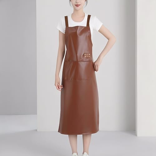 Waterproof Apron Large Pocket PU Material Waterproof Oil-proof Dust-proof Apron Black and Red - color: Brown(long)