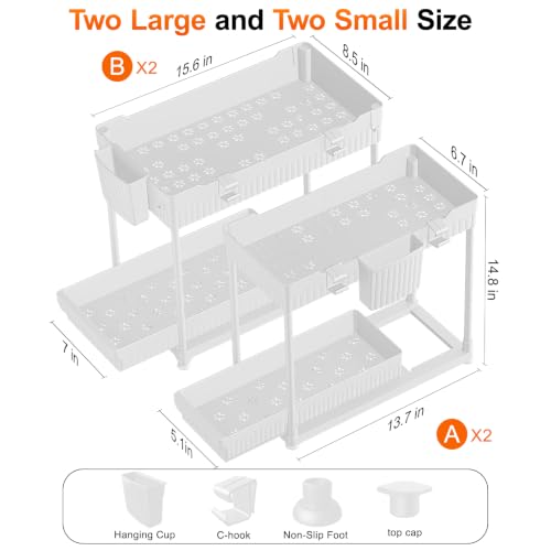 Sevenblue 4-Pack 2-Tier Under Sink Organizer with Pull Out Drawers - color: White, size: 14.8 Inch