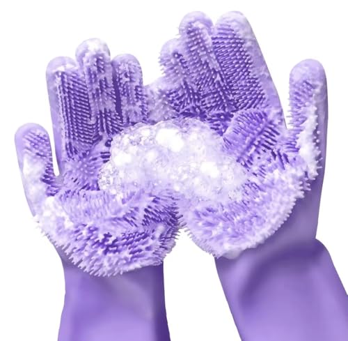 Silicone Dishwashing Scrubber Gloves, Reusable Cleaning Gloves with Built-In Scrubbing Bristles - color: Purple