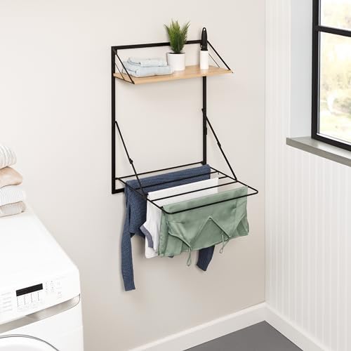 Honey-Can-Do Wall-Mount or Over-The-Door Compact Collapsible Drying Rack with Extra Shelf, Black & Oak
