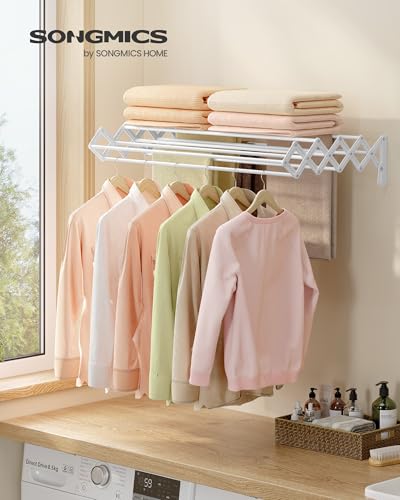 SONGMICS Clothes Drying Rack, Wall-Mounted, 9 Staggered Hanging Rods - color: Cloud White, size: 24.1"W