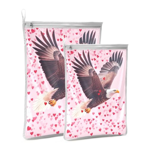 Mesh Laundry Bags Lingerie Bags for Washing Delicates 2 PCS Durable Wash Bag with Zipper Small and Medium Washable Bald Eagle and Pink Hearts - color: Bald Eagle and Pink Hearts