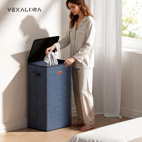 100L Laundry Hamper with Lid, Large Clothes Hampers with Removable Bag, Collapsible Laundry Basket for Bathroom, Bedroom, Laundry Room, Dorm, Navy Blue - color: Navy Bule, size: 26.4 Gal - 1 Section