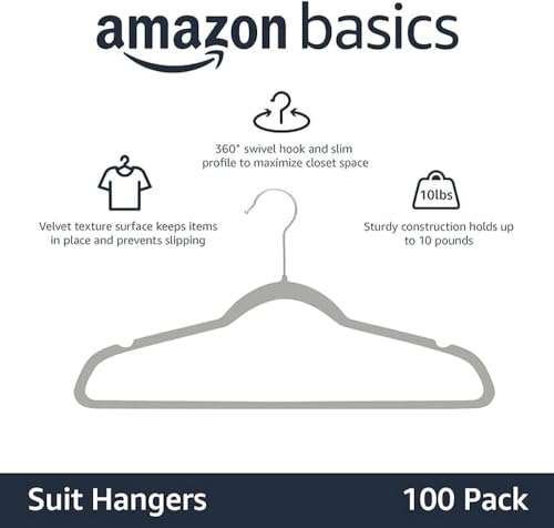Amazon Basics Slim Velvet Non-Slip Space Saving Suit Clothes Hangers for Closet Organization, Gray/Silver, 100-Pack - color: Gray/Silver, size: Pack of 100