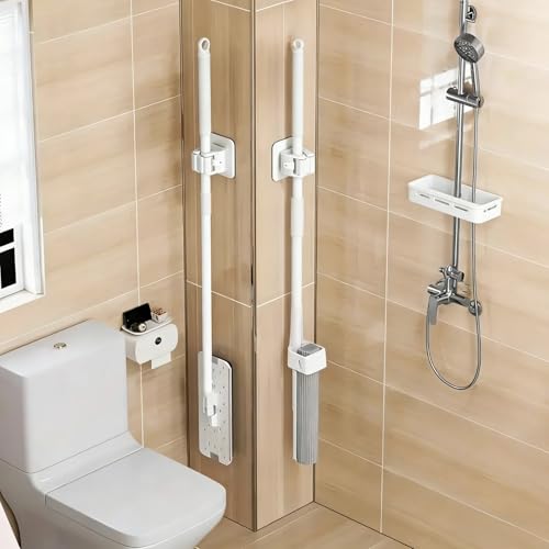 2PCS Space-Saving Mop Holder – No-Drill Wall Mount Clip for Broom & Bathroom Organization-White