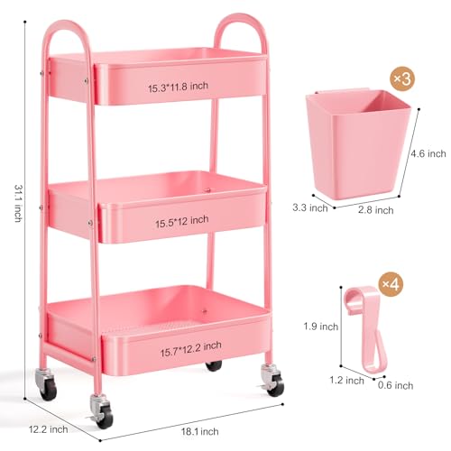 3 Tier Metal Rolling Cart with Lockable Wheels and Handle,Three Tiered Cart - color: Fashion Pink, size: 3 tier