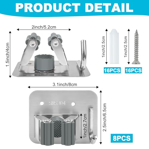 8 Pack Broom Holder Wall Mount, Stainless Steel Broom Holder with Hooks Screw, Heavy Duty & Rust Resistant, Mop and Broom Holder Wall Mount for Bathroom Kitchen Laundry Room Garage (Silver)