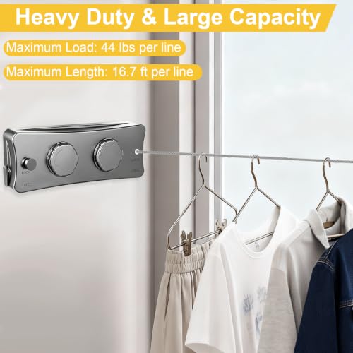 Retractable Clothesline Indoor & Outdoor, 16.7 Ft Non-Sagging Double Clothes Line, Retracting Heavy Duty Clothes Drying Laundry Line, Wall Mounted Space-Saving Stainless Steel Line - color: Gray