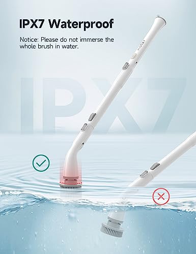 HiCOZY Electric Spin Scrubber HS1, Cordless Shower Scrubber for Cleaning with 4 Replaceable Brush Heads Adjustable Extension Handle, IPX7 Waterproof Cleaning Brush for Bathroom Floor White