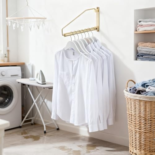 NEWRAIN Folding Wall Mounted Clothes Hanger Rack Clothes Hook Solid Brass with Swing Arm Holder Clothing Hanging System Closet Storage Organizer Heavy Duty Drying Rack Wall Mount,Brushed Gold - color: Brushed Gold, size: Triangle