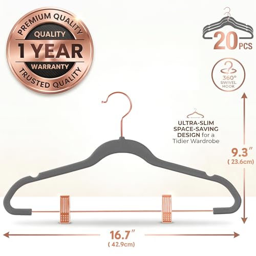 MIZGI Premium Velvet Pants Hangers with Clips (Pack of 20) Slim Skirt Hangers- Non Slip Felt Outfit Dress Hangers Gray - Copper/Rose Gold Hooks,Space Saving Shirt Clothes Hangers - color: Gray/Rosegold, size: 20-Pack