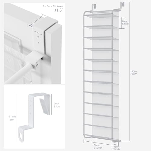 Whitmor 36 Pair Over the Door Shoe Rack,12 Tier Hanging Shoe Organizer with Metal Frame & Mesh Shelves, Heavy Duty Shoe Storage Holder for Door,No Drill Installation, 74"H x 21.7"W x 7.5"D, Matt White - color: Matt White
