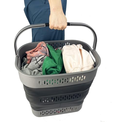 SAMMART 38L (10 Gallon) Collapsible Plastic Laundry Basket - Foldable Pop-Up Storage Container/Organizer – Portable Space Saving Laundry Hamper (1, Grey/Black) - color: Grey/Black