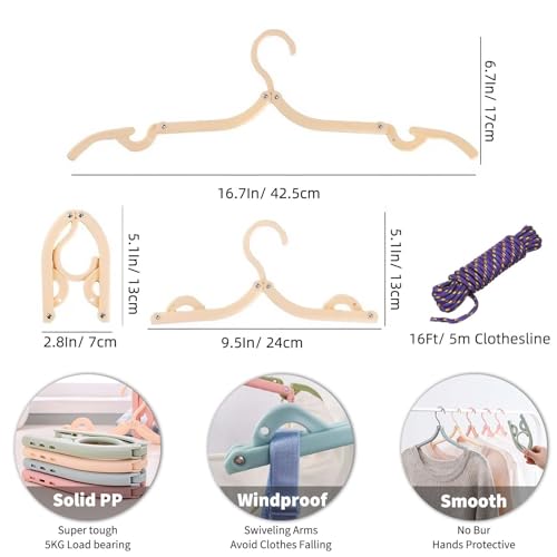 20 Pcs Foldable Travel Hangers - Portable Folding Collapsible Clothes Hangers Lightweight Travel Accessories Foldable Clothes Drying Rack Dorm Hanger for School Home with Clothesline - size: 20pcs Multicolor With Clothline