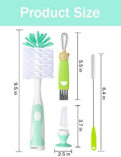 Baby Bottle Brush Kit with Suction, Hidden Cleaner & Straw Brush, Green - color: Green