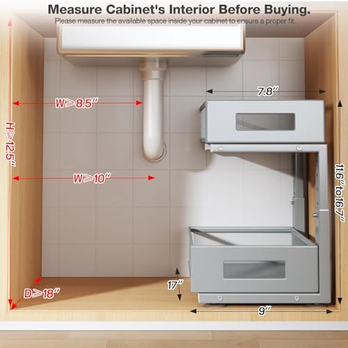 2 Packs 17IN Depth Under Sink Organizer, 2-Tier Pull Out Cabinet Organizer With Smooth Circular Rail, Large Capacity Metal Mesh Sliding Drawers For Bathroom& Kitchen Storage,Height Adjustable–Gun Gray - color: Gun Gray, size: 2 Pack-17"Dx11.6"-16.7" H