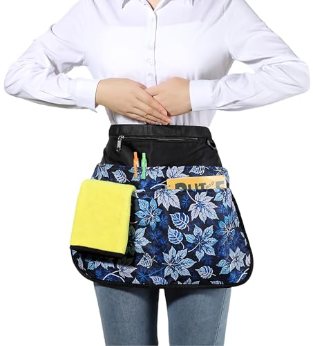 Bafelia Waterproof Server Apron for Women with 7 Pockets - color: Blue Leaves