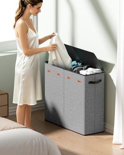 185L Laundry Hamper 4 Section with Lid & Removable Bags - color: Grey, size: 185L - 4 Section