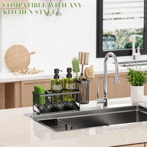 MASADI Kitchen Dish Soap Dispenser Set with Sponge Holder, 12OZ Glass Bottle, Hand and Dish Soap Dispenser Set, Non-Slip Silicone Pad, Brush Holder, Kitchen Sink Organizer Countertop (Black+Green) - color: Black+green