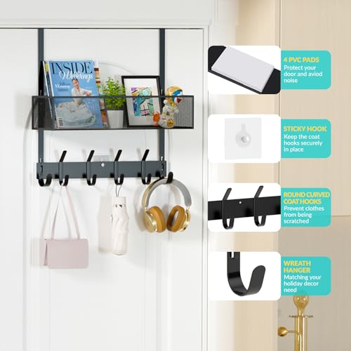 LUCYCAZ Over The Door Hooks Organizer,Back Door Storage with Coat Hooks - color: Black, size: 1 Basket