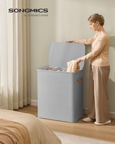 SONGMICS Laundry Basket, 190L Laundry Hamper with Lid, 3 Removable Bags - color: Dove Gray, size: 190 L (3-Section)