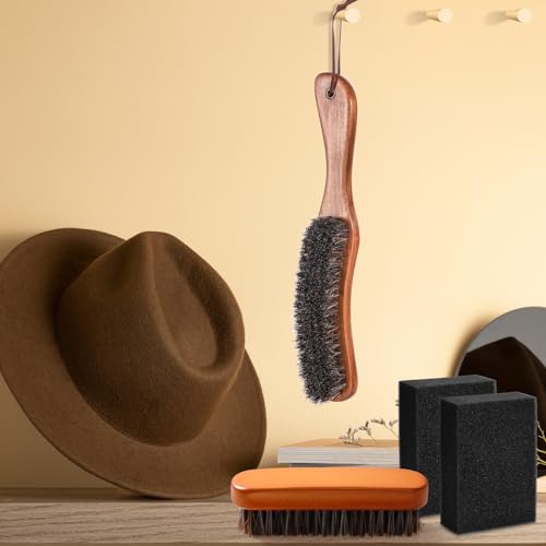 4 Pcs Horsehair Felt Hat Brush Kit with Cleaning Sponge Cowboy Clean Hat Wood Fedora Hat Cleaning Set Baseball Cap Lint Brush Remove Dust for Hair Furniture Suits Clothes(Style A) - style: Style A