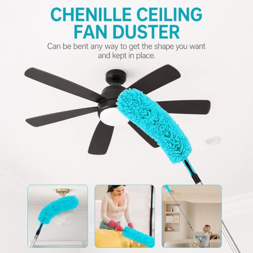 High Ceiling Duster Kit with 4-12FT Heavy Duty Extension Pole, Reaches Up to 20FT, Includes Microfiber Feather Duster, Cobweb and Ceiling Fan Duster, Window Squeegee Cleaner & Skylight Hook (12FT) - size: 12FT