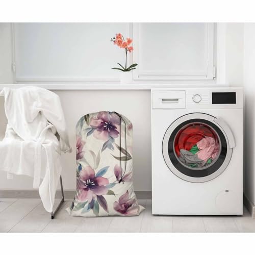 Swono Watercolor Floral Extra Large Laundry Bag with Drawstring Closure 28"x40", Leaf Plant Botanical Petal Bud Ink Flowers for Home, Dorm and Apartment Dwellers, Oxford Cloth, Pink - color: Watercolor Floral