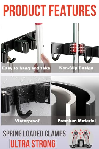 Mop and Broom Holder Wall Mount, Upgraded Broom Hanger Wall Mount, Stainless Steel Broom Organizer for Closet Garage Laundry Room Kitchen Wall Decor(5Racks 4Hooks Black) - color: Black, size: 1Pack 5Racks 4Hooks