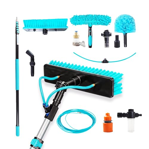 HoldwellS Solar Panel Cleaning Kit, 27FT Water Fed Pole with Extendable Handle, 180° Rotatable Brush Head & 65.6FT Hose, Household & Outdoor Window Cleaner Tool for Caravan Solar Panel Deck