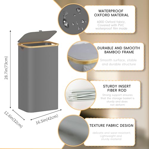 2-Pack 100L Bathroom Dirty Clothes Basket, Laundry Hamper with Lid, Collapsible Laundry Basket, Bedroom Storage Case with Bamboo Support, with Handles and Removable Inner Bag (Grey) - color: Grey