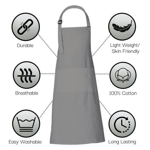 RAJRANG 100% Cotton Cooking Apron with 3 Pockets Kitchen Chef BBQ Adjustable Bib Aprons for Women Men - color: Neutral Grey