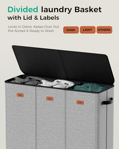 185L Laundry Hamper 3 Section with Lid & Removable Bags - color: Grey, size: 185L - 3 Section
