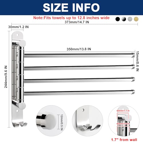 NearMoon Swivel Towel Rack, 13.8" Thicken 304 Stainless Steel 4-Arm Towel Bar, Space Saving Wall Mounted Towel Holder with Hook, Rustproof Swing Out Towel Hanger for Bathroom, Kitchen (Chrome Finish) - color: Chrome Finish, size: 13.8 Inch-Round
