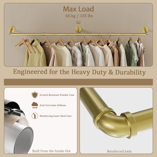 Wall Mounted Clothes Rack, Industrial Pipe Clothing Rack 60 Inch Gold, Wall Clothes Rod for Bedroom, Cloakroom, Closet, Hallway, Boutique Display, Wall-Mount Drying Racks for Laundry - color: Gold, size: 60 Inch